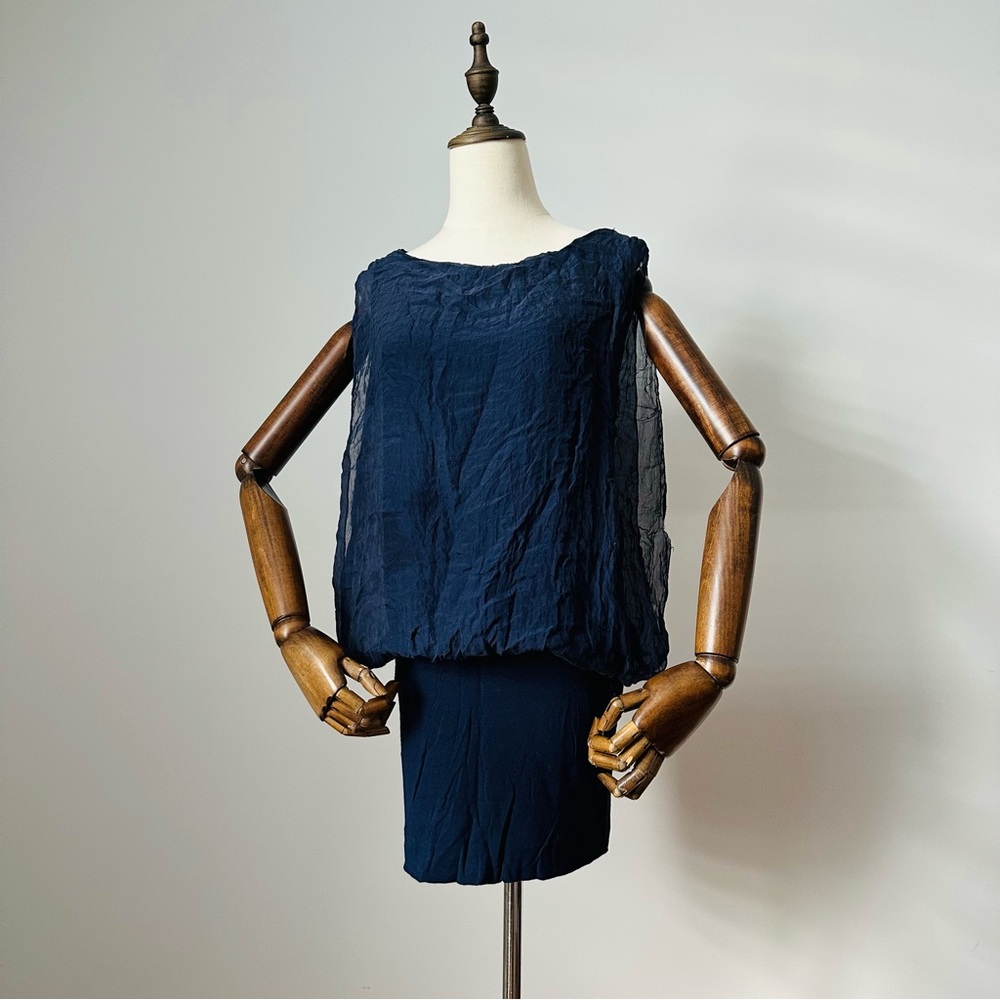 Silk Draped Blouse Navy Blue Layered Top